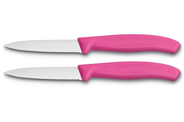 2 Couteaux d'office Victorinox lame à dents 8cm pointe milieu manche rose