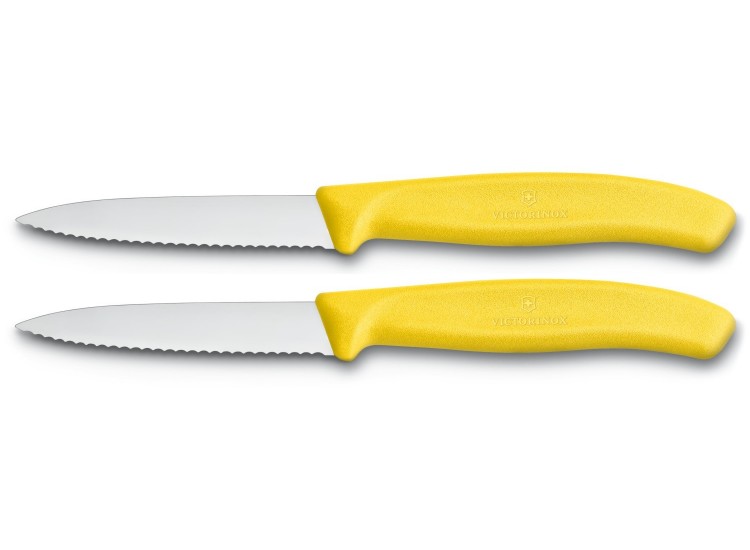 2 Couteaux d'office Victorinox lame &agrave; dents 8cm pointe milieu manche jaune