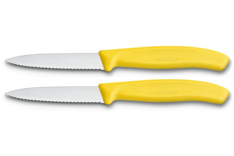 2 Couteaux d'office Victorinox lame à dents 8cm pointe milieu manche jaune