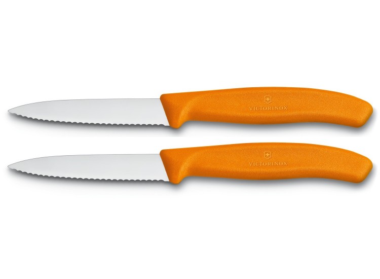 2 Couteaux d'office Victorinox lame &agrave; dents 8cm pointe milieu manche orange