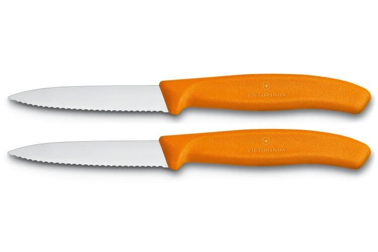 2 Couteaux d'office Victorinox lame à dents 8cm pointe milieu manche orange