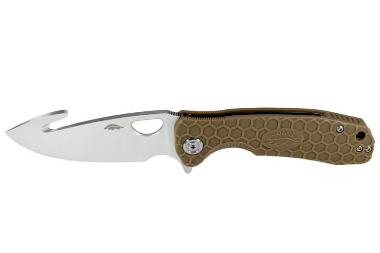 Couteau pliant Honey Badger Hook Large 01HO037 lame crochet manche nylon / fibres de verre tan 11,7cm