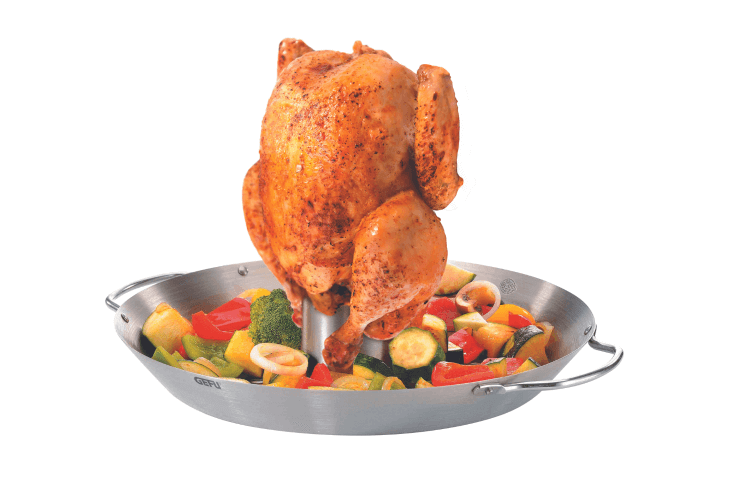 Rôtissoire à poulet et wok pour légumes en acier inox Gefu et poignée en bois diamètre 36cm