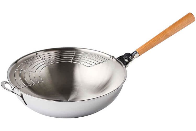 Wok Mastrad O'Wok Gourmet en acier inoxydable avec poignée amovible et grille