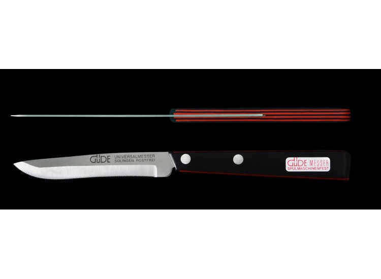 Couteau de table G&Uuml;DE Universel 10cm micro-dent&eacute; manche noir/rouge