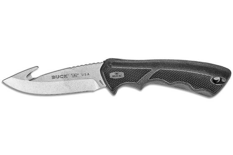 Couteau Buck 685 Bucklite Max II Large Guthook 0685BKG lame 10,2cm manche caoutchouc noir + &eacute;tui polyester