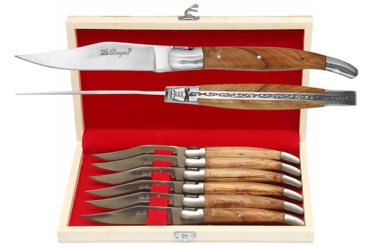 Coffret cadeau de 6 couteaux de table Le Bougna manches en Teck