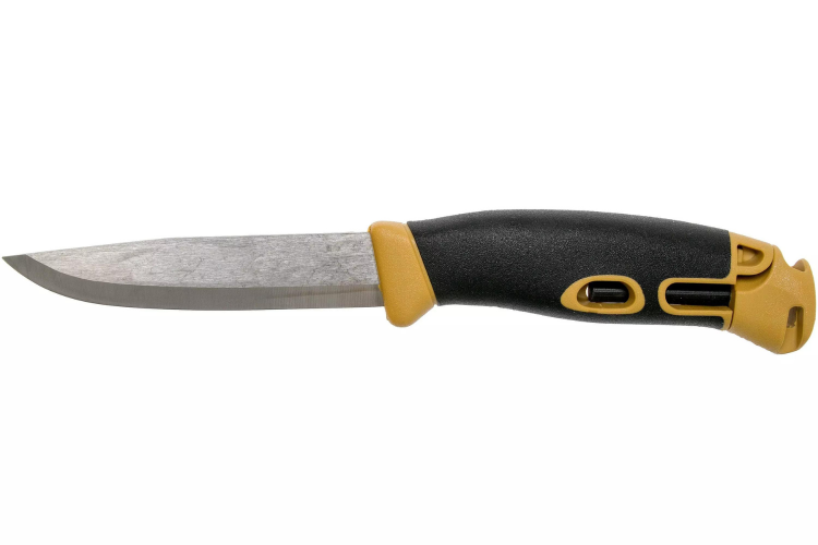 Couteau Mora Companion Spark 13573 lame inox 10,4cm manche caoutchouc jaune sable avec pierre &agrave; feu et cordon + &eacute;tui