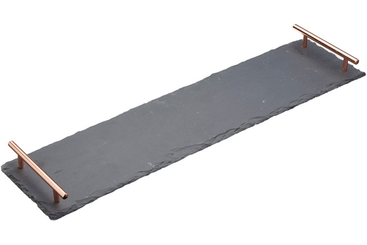Plateau ap&eacute;ritif Artes&agrave; 60x15cm en ardoise et poign&eacute;es en cuivre