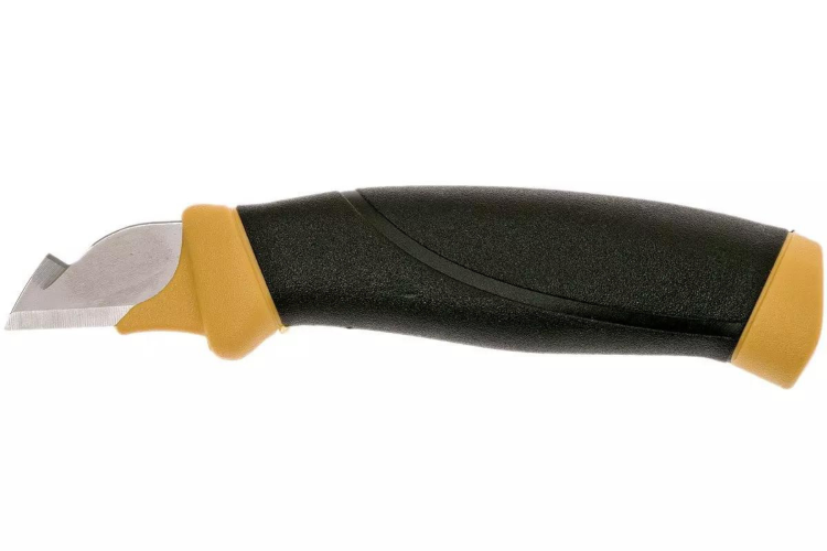 Couteau Mora &Eacute;lectricien 12201 ambidextre lame inox 2,1cm manche en caoutchouc noir/jaune avec &eacute;tui