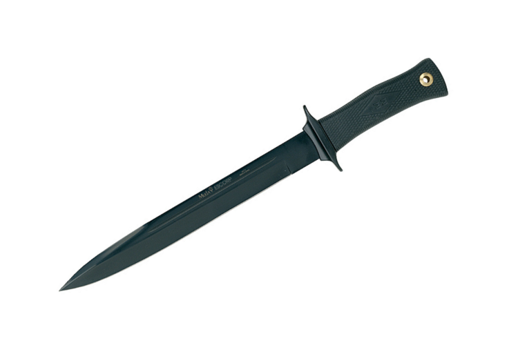 Couteau Muela Escorp 9311 lame noire en inox manche en gomme noire + &eacute;tui en cuir