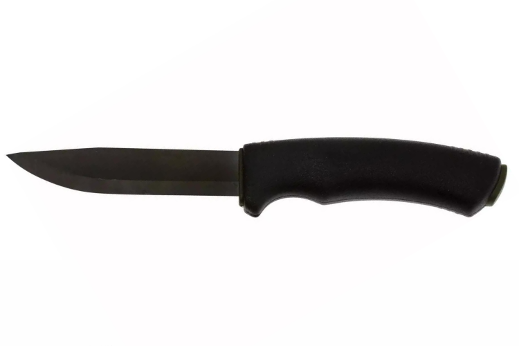 Couteau Mora Bushcraft 10791 lame noire carbone 10,9cm manche caoutchouc noir + &eacute;tui