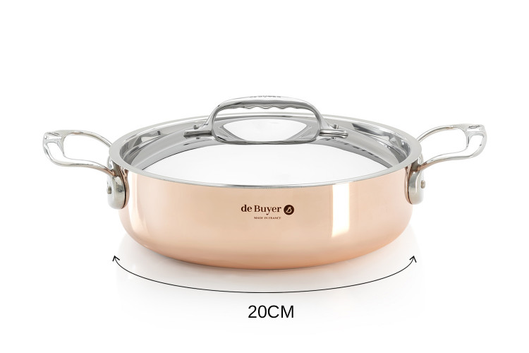Sautoir droit en cuivre inox De Buyer Prima Matera anses en inox avec couvercle