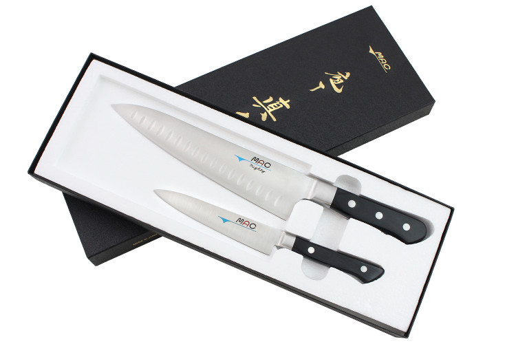Coffret de 2 couteaux japonais MAC Professional universel + chef alv&eacute;ol&eacute;