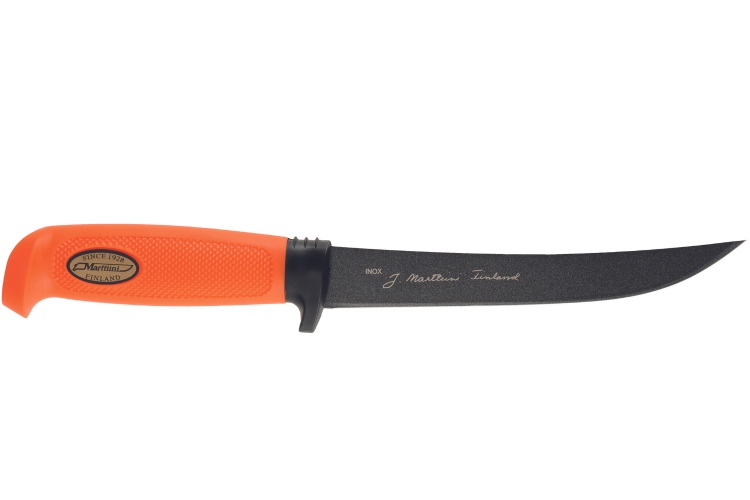 Couteau Marttiini Hunter's Carving Martef 935024 lame 15cm manche caoutchouc orange + &eacute;tui