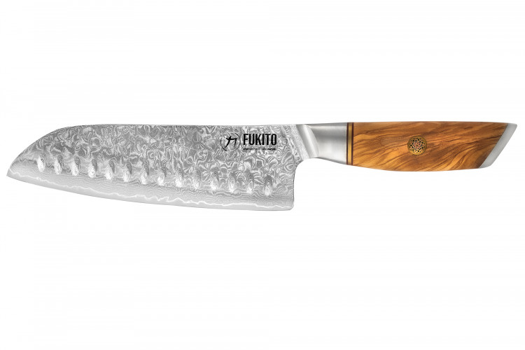 Couteau santoku Fukito Olive Damas alv&eacute;ol&eacute; 14Cr 18cm