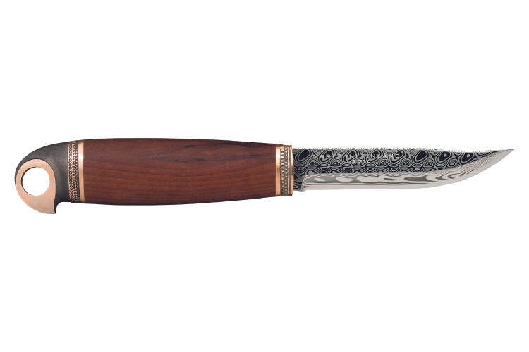 Couteau Marttiini Bronze Bird 557012 lame damass&eacute;e 10cm manche bouleau + &eacute;tui/coffret cadeau