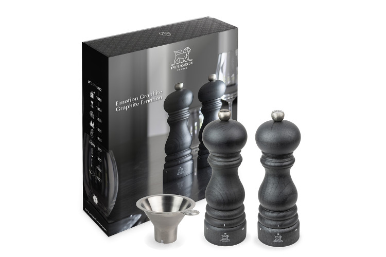 Coffret cadeau 2 moulins Peugeot Emotion Graphite poivre et sel 18cm avec entonnoir en inox