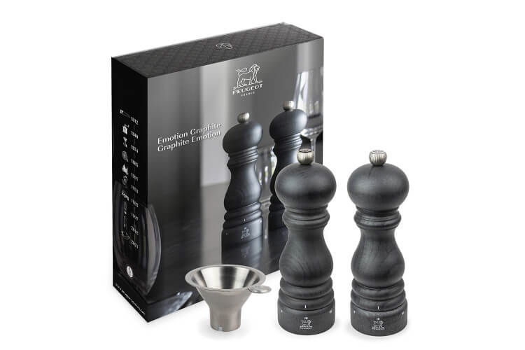 Coffret cadeau 2 moulins Peugeot Emotion Graphite poivre et sel 18cm avec entonnoir en inox