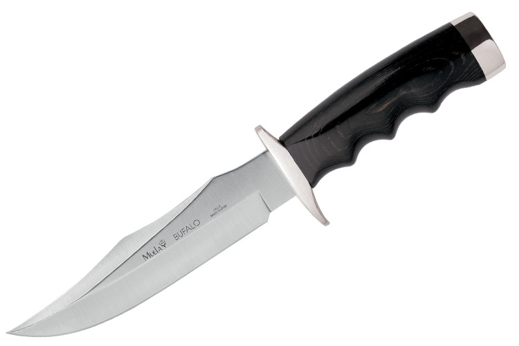 Couteau Muela Bufalo 9257 lame 17cm manche micarta noir avec extr&eacute;mit&eacute;s en laiton + &eacute;tui en cuir