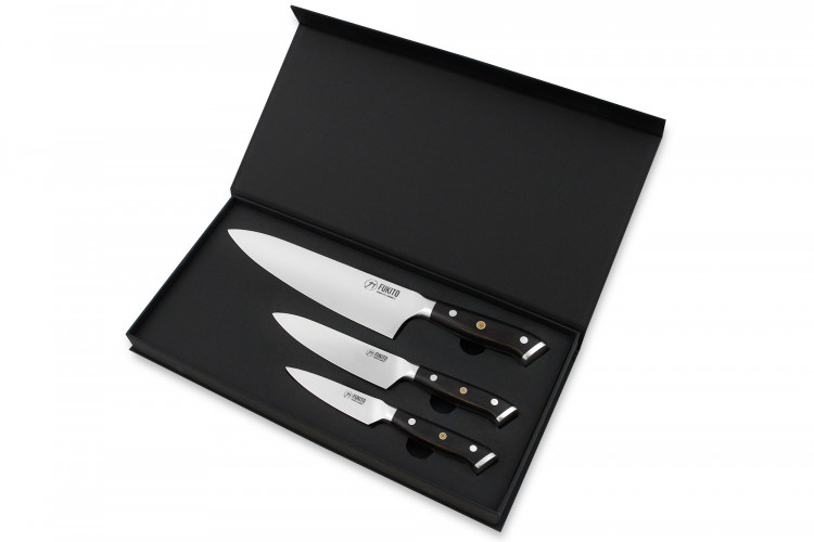 Coffret 3 couteaux Fukito Eb&egrave;ne X50 Chef + Universel + Office
