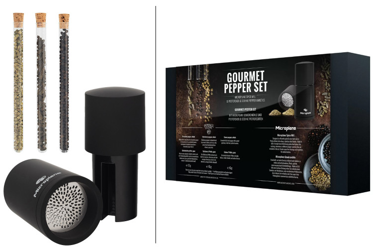 Coffret cadeau Microplane Gourmet Poivre : moulin + 3 types de poivre