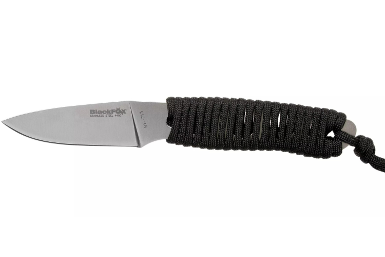 Couteau Black FOX Tarlo BF.713  lame 7,5cm manche ajour&eacute; avec corde en nylon noir + &eacute;tui en kydex