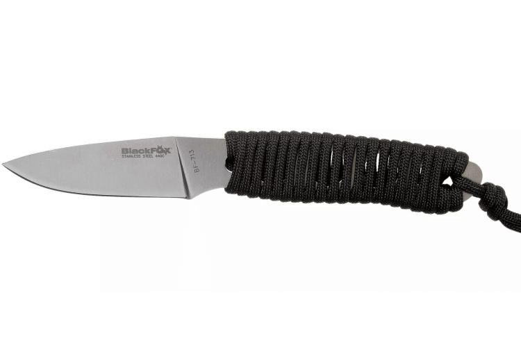 Couteau Black FOX Tarlo BF.713  lame 7,5cm manche ajouré avec corde en nylon noir + étui en kydex