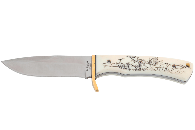 Couteau Herbertz 596210 lame 10,3cm manche ivoirine motif canard scrimshaw + &eacute;tui en cuir