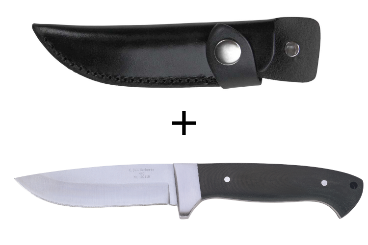 Couteau Herbertz 102110 lame en inox 9,8cm manche en micarta noir avec &eacute;tui en cuir