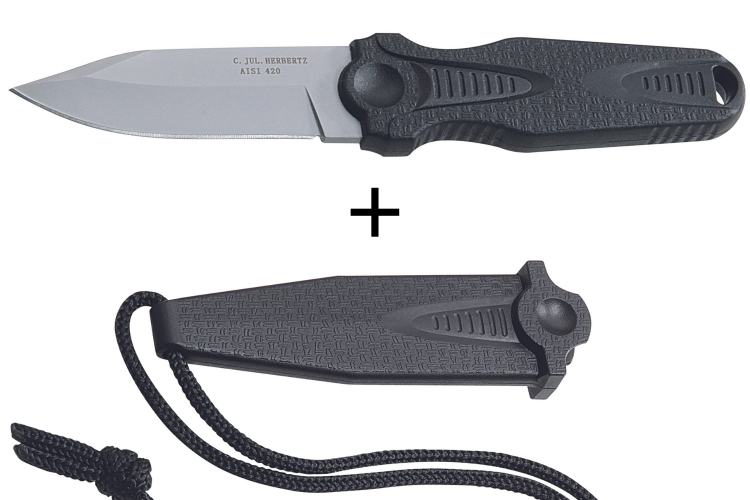 Couteau de cou Herbertz 108307 lame en inox 7cm manche en polym&egrave;re noir avec &eacute;tui