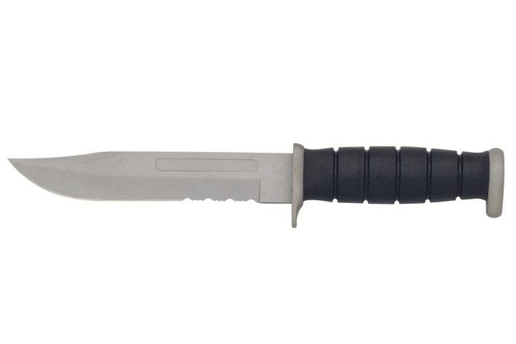 Couteau bowie Herbertz 117618 lame semi-dent&eacute;e 17,5cm manche polym&egrave;re noir + &eacute;tui