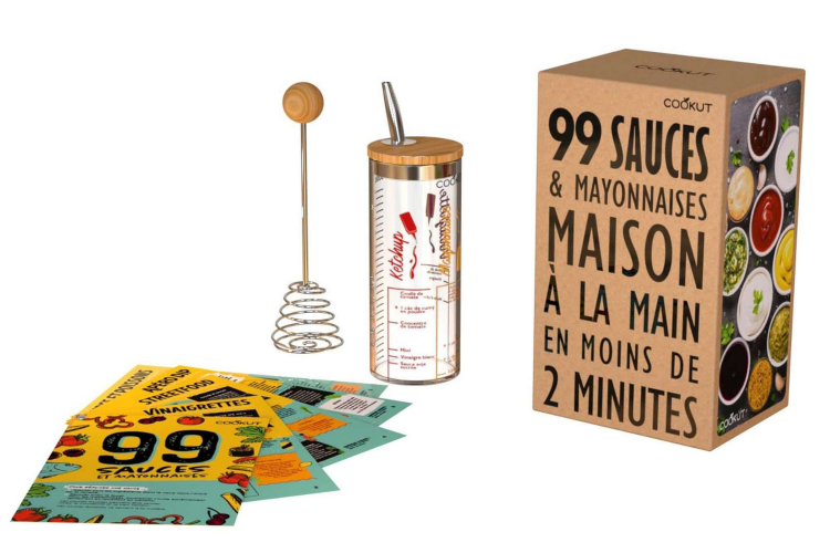 Coffret de fabrication de 99 sauces Cookut avec la recette + 1 Shaker gradu&eacute; et 1 fouet tornado