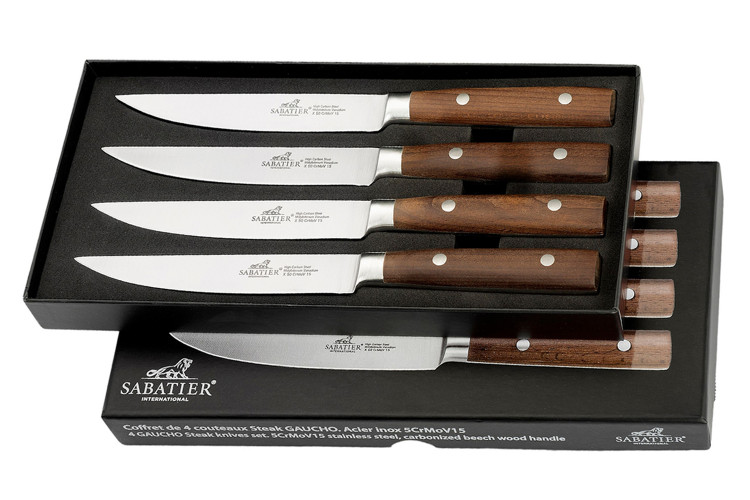 Coffret de 4 couteaux &agrave; steak Sabatier International Gaucho manche en h&ecirc;tre vieilli