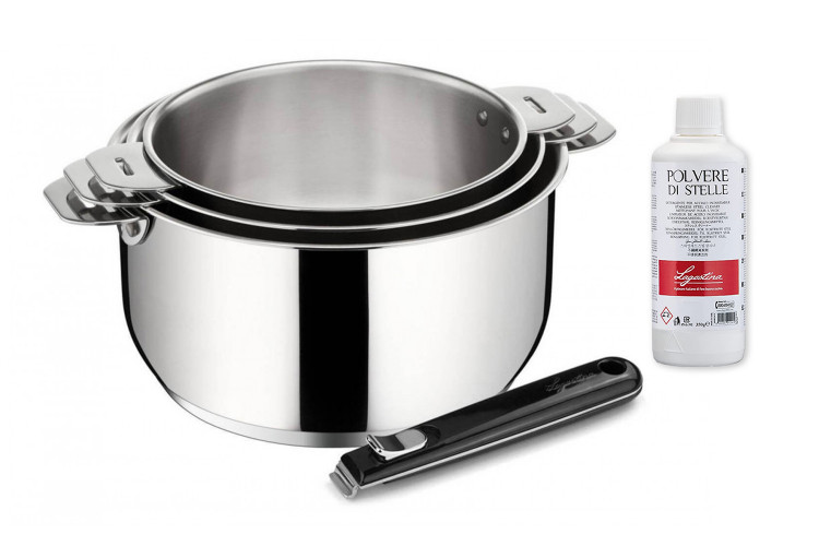 Set de 3 casseroles Lagostina Salvaspazio Lagotherm en inox 16, 18 et 20cm + poign&eacute;e amovible + d&eacute;tergent