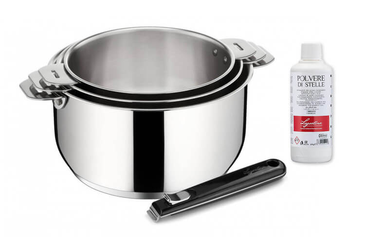 Set de 3 casseroles Lagostina Salvaspazio Lagotherm en inox 16, 18 et 20cm + poignée amovible + détergent