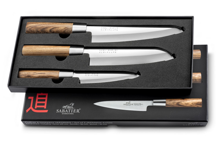 Coffret 3 couteaux Sabatier International Zebrano style japonais : Shotoh + Santoku + Gyuto