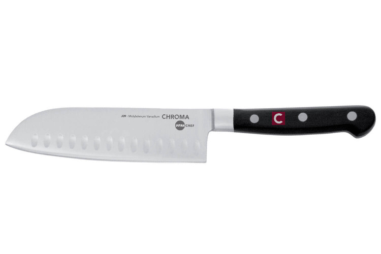 Couteau santoku alv&eacute;ol&eacute; Chroma Japan Chef 17.2cm acier allemand