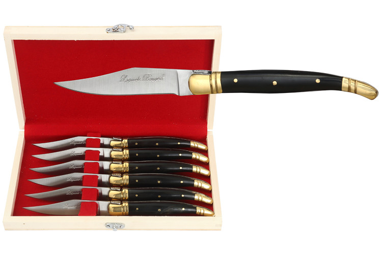 Coffret cadeau de 6 couteaux de table Laguiole Bougna manches en corne noire