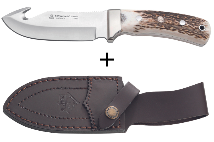 Couteau Puma IP Schwarzwild 338212 lame guthook 12cm manche bois de cerf + &eacute;tui en cuir
