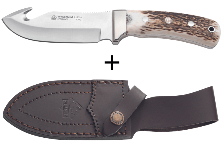 Couteau Puma IP Schwarzwild 338212 lame guthook 12cm manche bois de cerf + étui en cuir