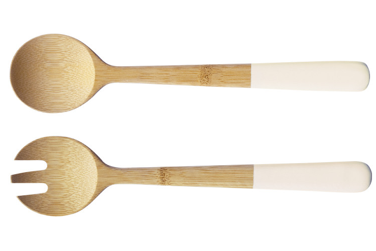 Couverts &agrave; salade Pebbly 29cm en bambou manche blanc