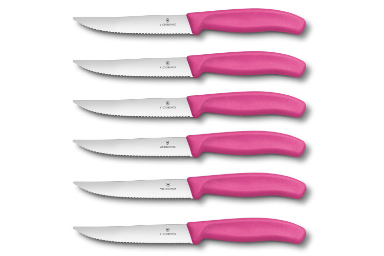 6 Couteaux &agrave; steak Victorinox lame crant&eacute;e 12cm manche rose