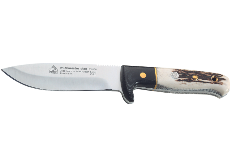 Couteau Puma IP Wildmeister Stag 366212 lame 11,8cm manche bois de cerf/micarta + &eacute;tui en cuir