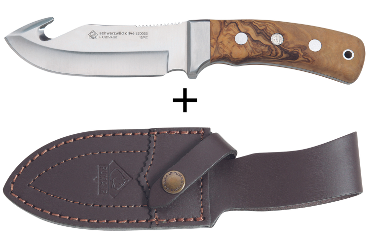 Couteau Puma IP Schwarzwild Olive 328212 lame guthook 12cm manche olivier + &eacute;tui en cuir