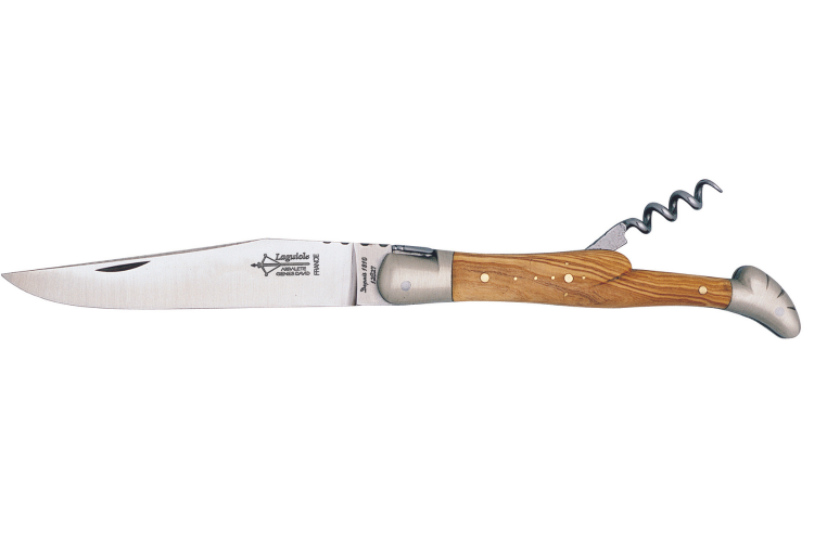Couteau pliant Laguiole G.DAVID 3732 manche en olivier avec mitres en inox mat et tire-bouchon