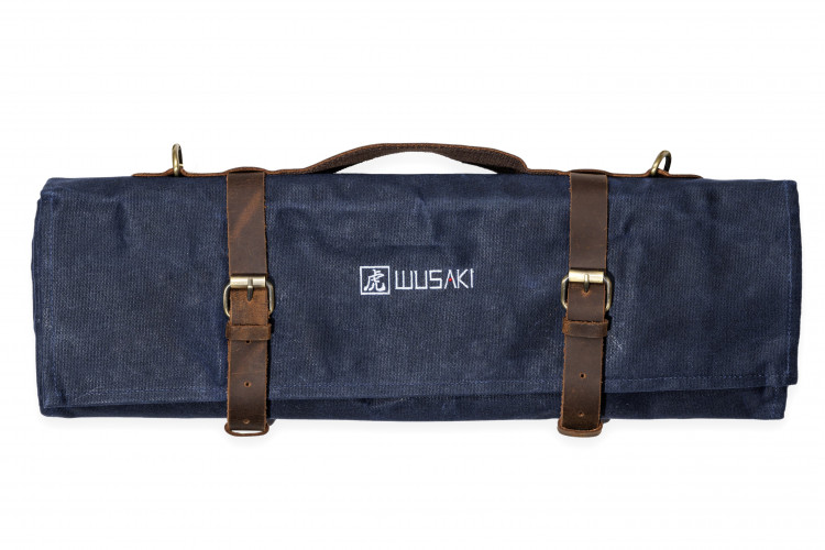 Mallette de cuisinier vide Wusaki denim et cuir pour couteaux et ustensiles - 16 places