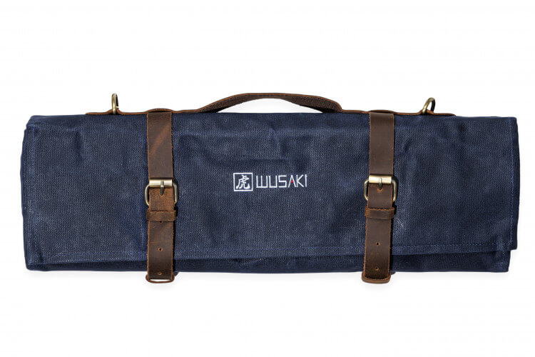 Mallette de cuisinier vide Wusaki denim et cuir pour couteaux et ustensiles - 16 places