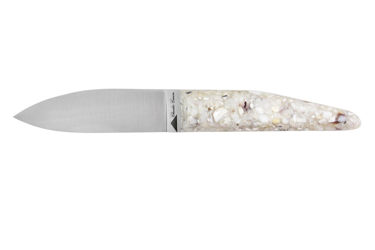Couteau &agrave; hu&icirc;tre Charles Canon manche en coquille d'hu&icirc;tres fabriqu&eacute; en France + coffret en bois