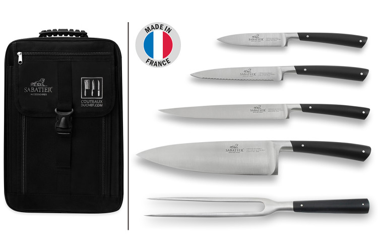 Sac sp&eacute;cial chef Sabatier Edonist 4 couteaux de cuisine fran&ccedil;ais + 1  fourchette - Exclusivit&eacute;